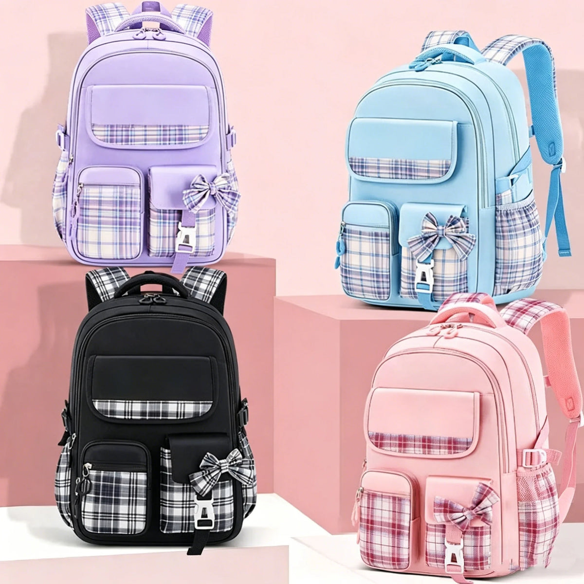 Mochila escolar de cuadros con lazo