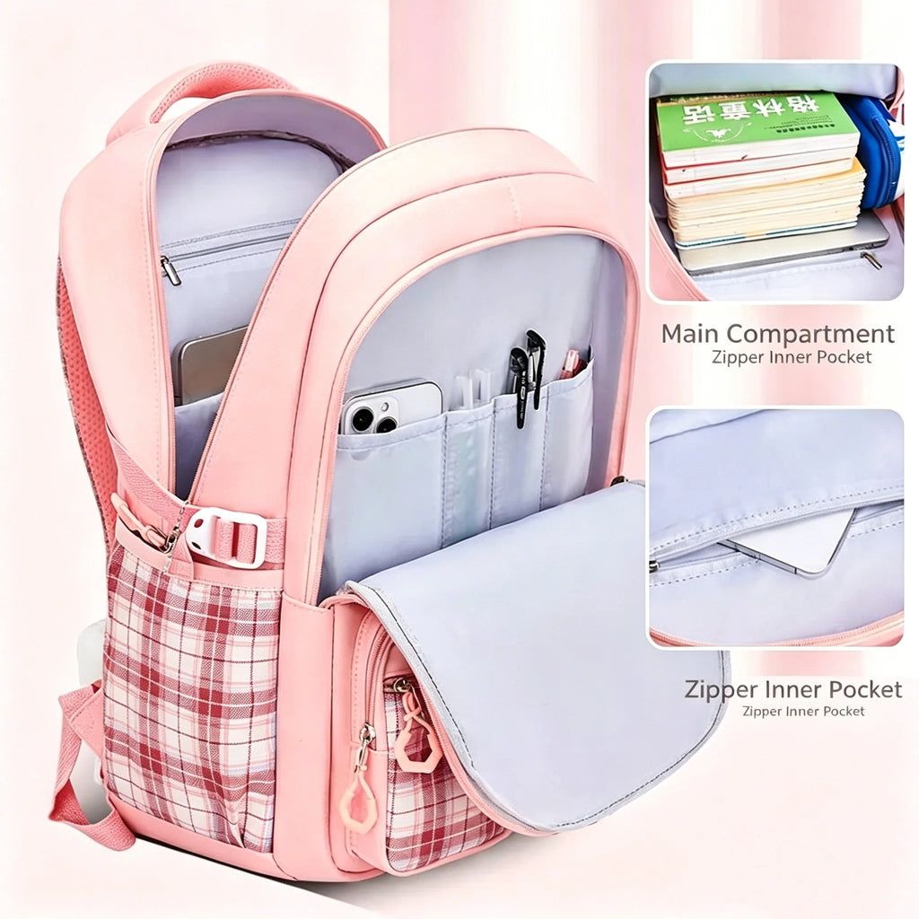 Mochila escolar de cuadros con lazo