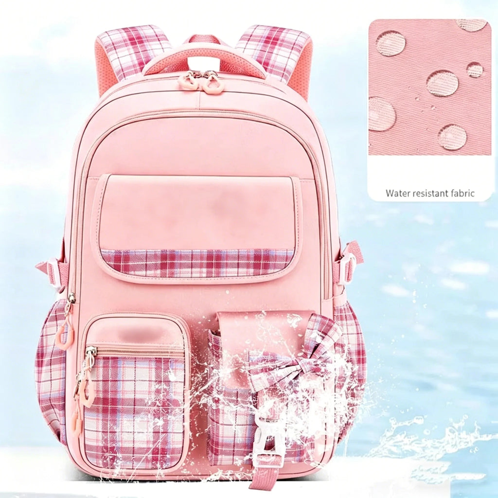 Mochila escolar de cuadros con lazo