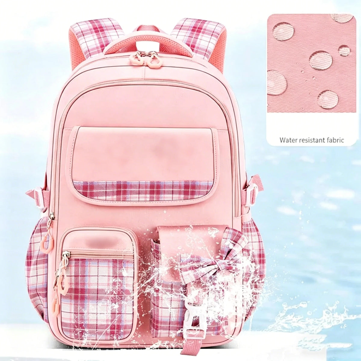 Mochila escolar de cuadros con lazo